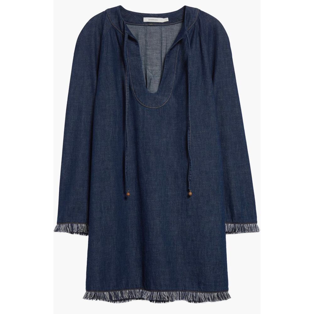 Zimmerman Long Sleeve Fringe Trim Denim Minidress